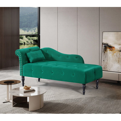 Aijia 60.6" Velvet Chaise Lounge Buttons Tufted Nailhead Trimmed Solid Wood Legs With 1 Pillow