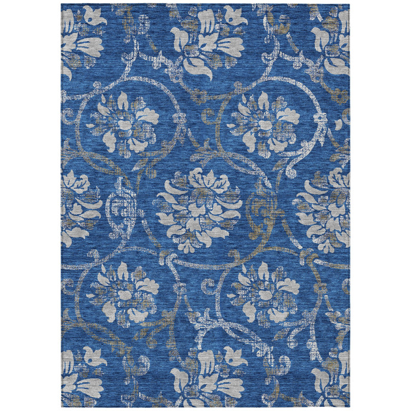 3' X 5' Navy Blue And Silver Floral Washable Indoor Outdoor Area Rug