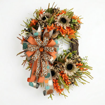Couronne de récolte d'automne à motif léopard 19,7 pouces avec tournesols et citrouilles, décoration de porte de l'Action de grâce