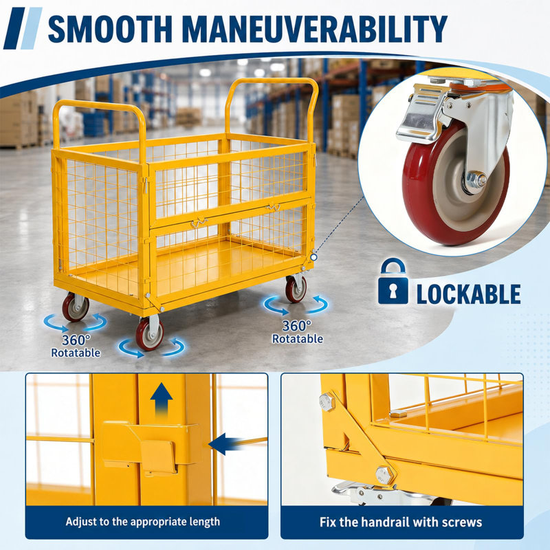 Cage de camion pliable robuste en acier 6 en 1, chariot à plat et chariot 2000 lb, jaune, Jaune