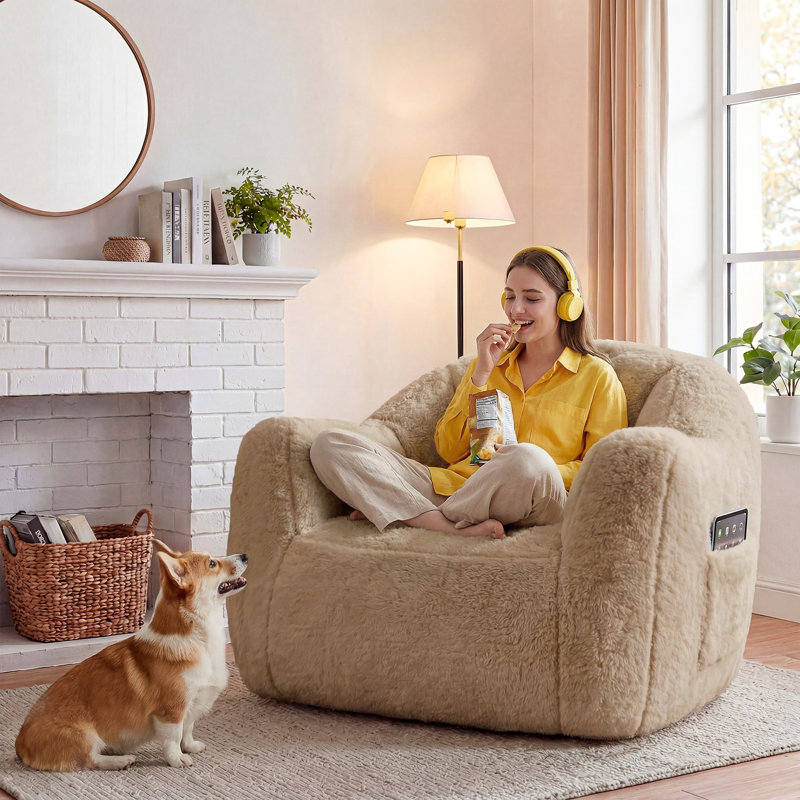 Oversized Tufted Bean Bag Chair with Side Pockets, Shed-Resistant Fabric & Shredded Memory Foam Lounger, Tufted Velvet Brown