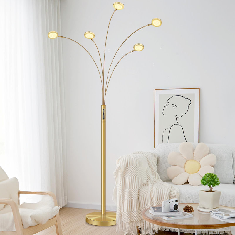 Lampe sur pied à DEL arquée avec télécommande, lampe sur pied dorée à intensité variable 2250LM avec minuterie, couleurs réglables, luminosité et 5 bras