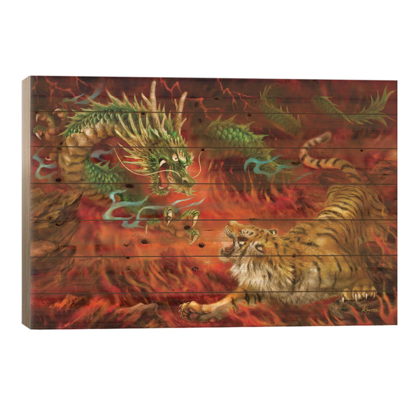 «Dragon Vs Tiger On Fire On Wood» par Kayomi Harai, impression graphique, H 18 po x l 26 po x P 1,5 po