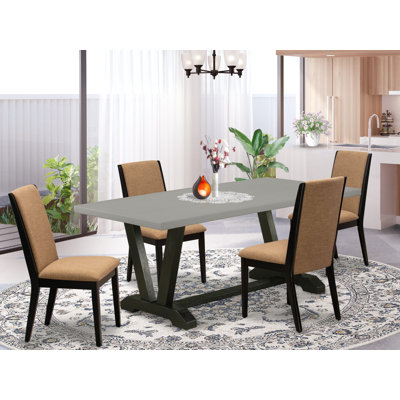 5 Piece Kitchen Table & Chairs Set Includes a Rectangle Dining Room Table with V-Legs and 4 Light Sable Linen Fabric Parsons Chairs, Wire Brushed Back Finish