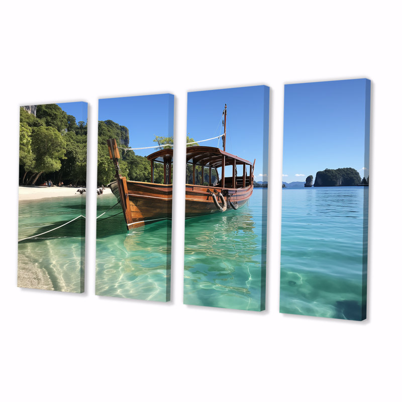 Bateau à Krabis White Sands Paradise II - plage côtière, art mural 4 pièces pour le salon, H 32 po x l 64 po
