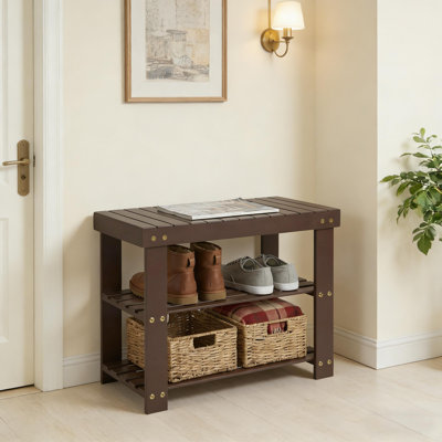 Bamboo Entryway Shoe Bench with 2-Tier Storage Shelf for Entryway and Living Room