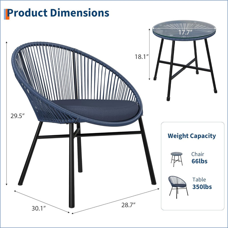 3 Piece Patio Bistro Set, Outdoor Acapulco Chairs Set Of 2 With Glass Top Table, All Weather Modern Patio Chairs With Cushions, Patio Conversation Bistro Set For Deck, Backyard, Balcony, Porch