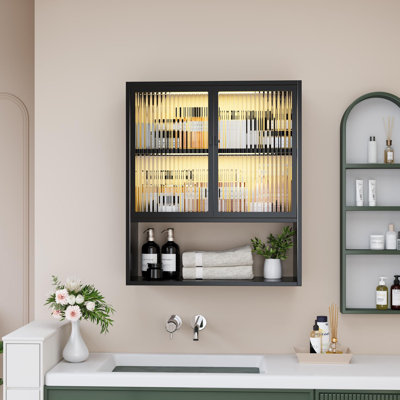 Armoire murale en métal avec portes en verre et lumières DEL