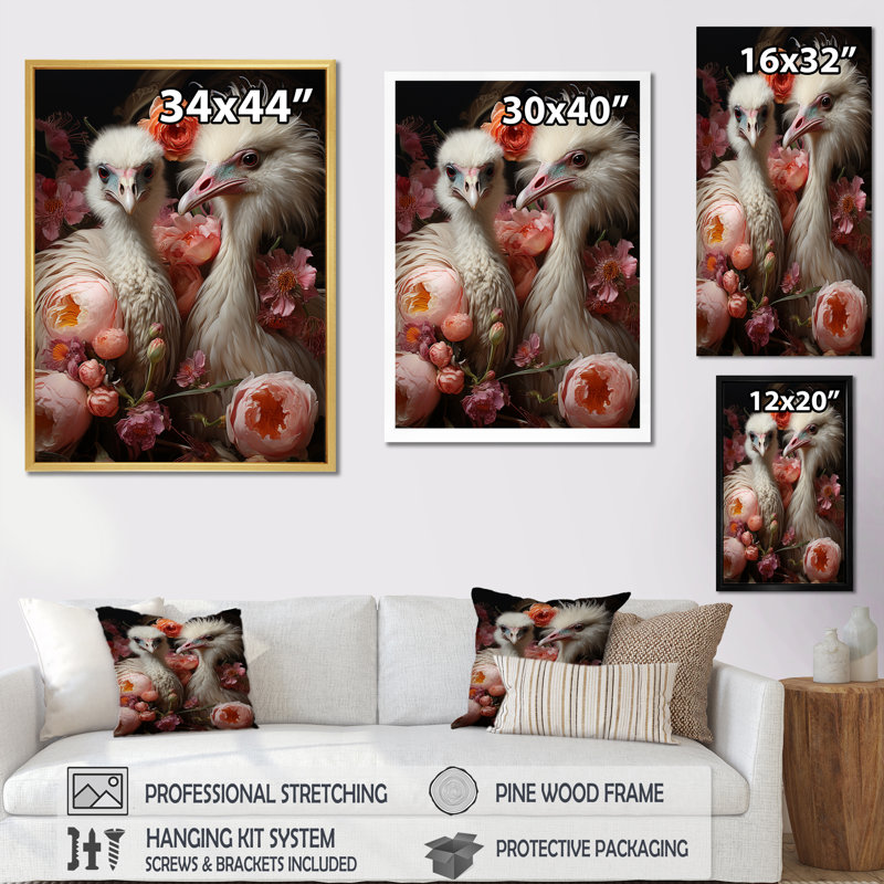 Autruches, rêverie délice II sur toile, Cadre doré simple, H 32 po x l 24 po x P 1 po