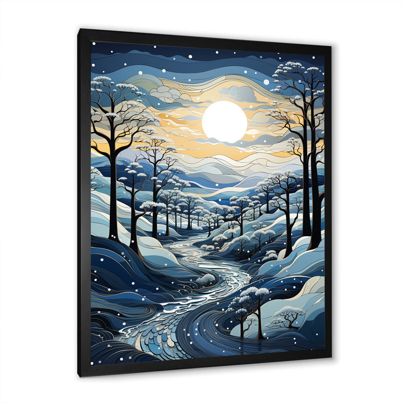 «Blue and White Path Into Winter Forest II», art mural forêt, Cadre simple noir, H 20 po x l 12 po x P 1 po