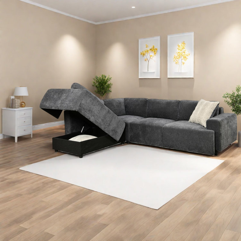 Grand canapé convertible avec rangement, rembourré gris foncé, salon moderne