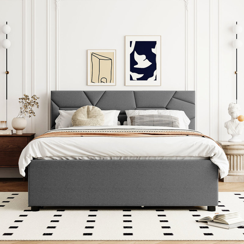 Élégant lit plateforme tapissier avec tête de lit en brique et 2 tiroirs - Support en lin stable gris, lit gigogne simple et tiroirs, maximisant l'espace, sans sommier