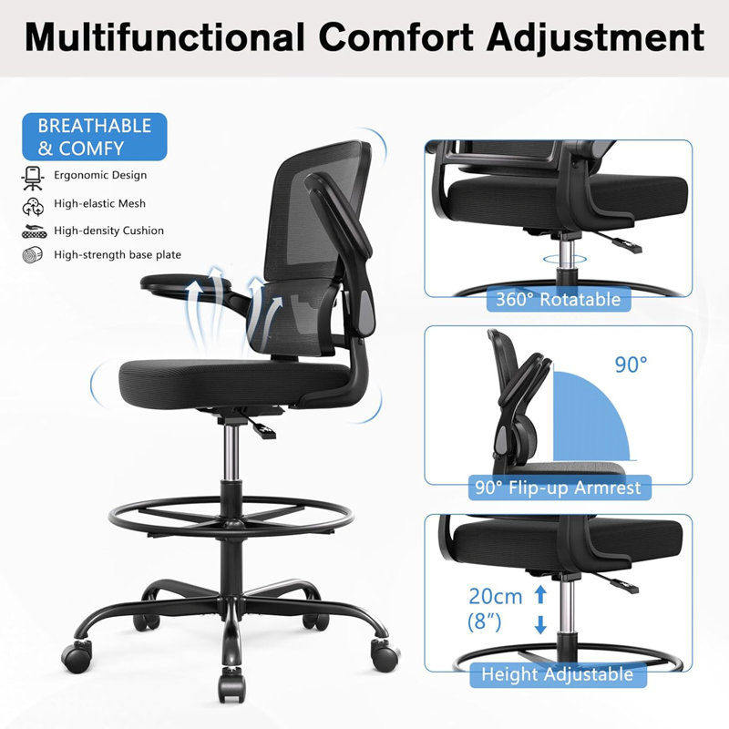 Black Ergonomic Drafting Chair - Tall Office Chair For Standing Desk With Breathable Mesh, Flip-Up Armrests & Adjustable Footrest Ring