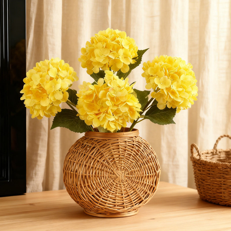 Bouquet de fleurs d'hortensia artificiel 5 pièces, verdure en soie simulée de 18,5 pouces, jardin, table de cuisine, vase décoratif, jaune