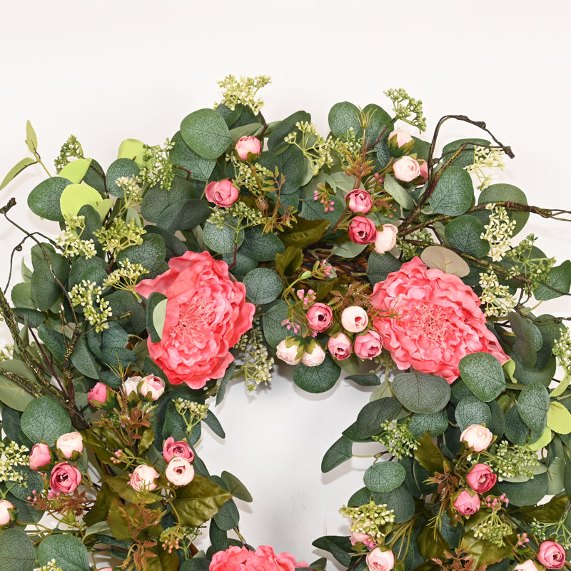26"  Spring Summer Eucalyptus Berry Floral Wreath, Pink
