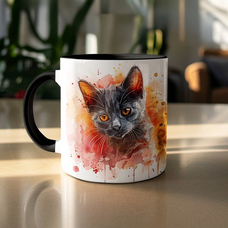 Cat Design 11oz Accent Mug – Ceramic Coffee Cup with Colored Handle and Interior, Black, 2