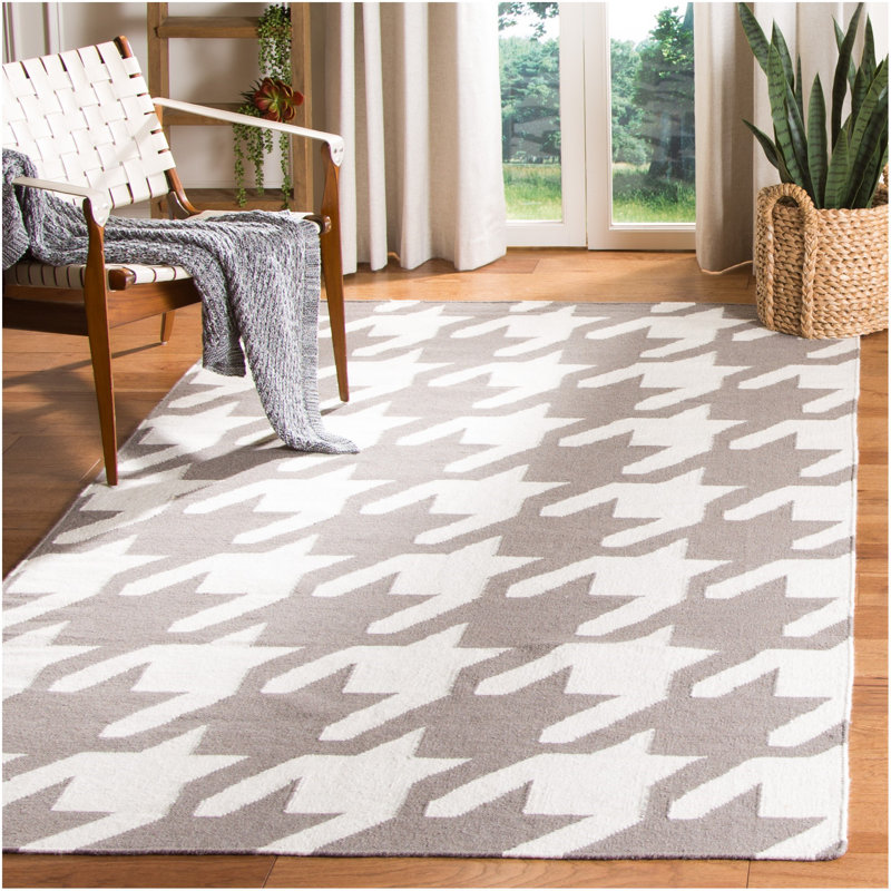 Tapis gris / ivoire en laine / coton tissé à la main à plat à motif de pied-de-poule Rodgers, Rectangle 4 pi x 6 pi