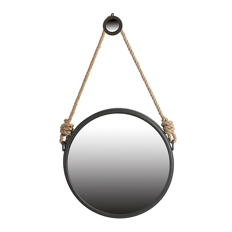 19.5" In Handsome Cleveland Mirror With Rope Strap Contemporary Design Circle Mirror With Round Metal Frame For Wall Decor Bathroom, Entryway