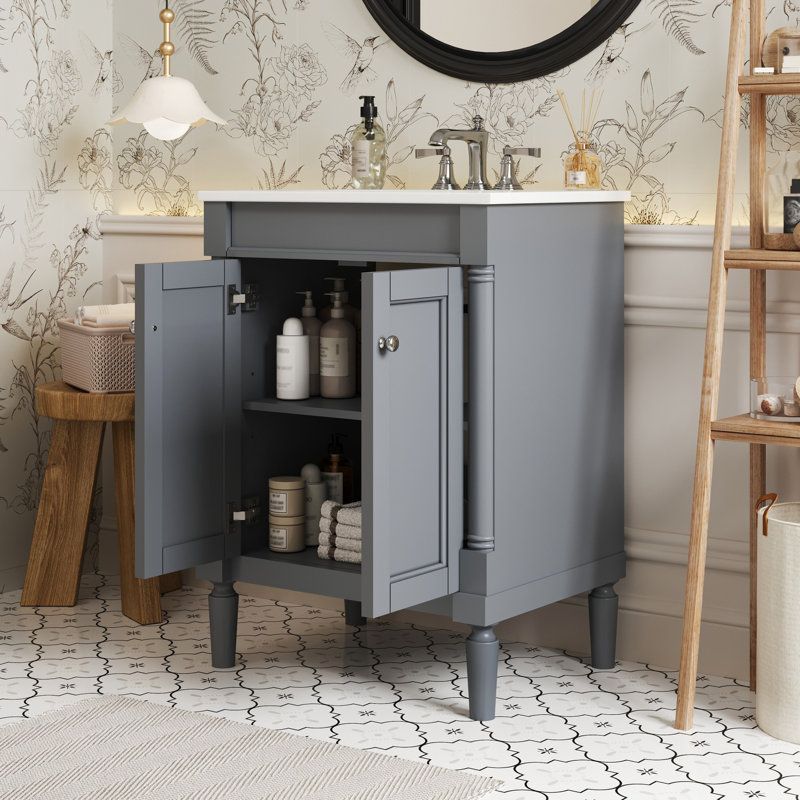 Meuble-lavabo de 61 cm (24 pouces) avec lavabo intégré, armoire de rangement moderne à 2 niveaux, de couleur grise et de structure en bois massif.