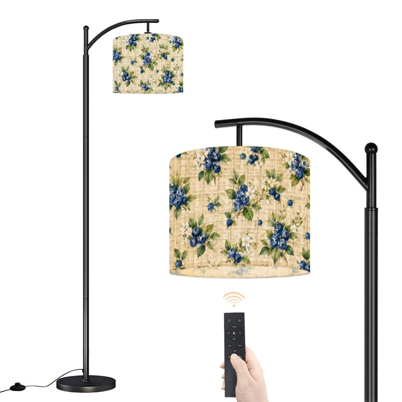  Lampe sur pied à arc Mignon bleuet feuilles vertes fleurs blanches beige grand lampadaire moderne à DEL abat-jour réglable en lin 3 températures de couleur