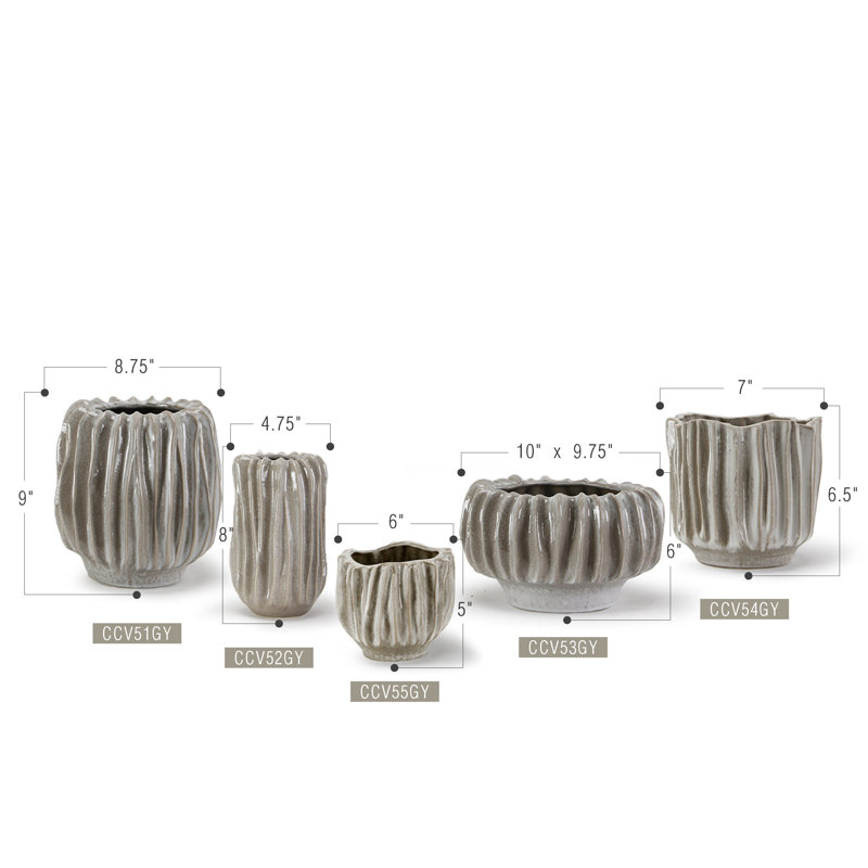 Rippled Haven Pots/Planters, 6" H x 10" W x 9.75" D