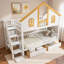 Lit superposé en bois avec escalier de rangement, tiroirs, toit de maison et porte de fenêtre-1933440069