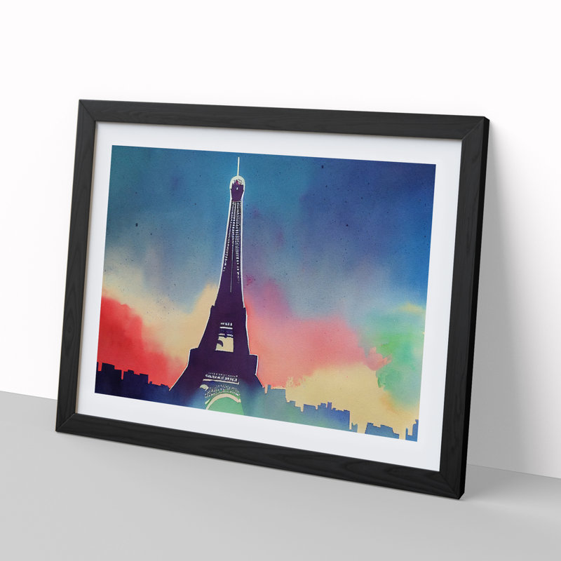 Eiffel Tower Watercolour - Single Picture Frame Painting, 46cm H x 64cm W x 2cm D, Black