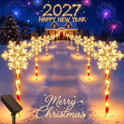 Guirlande lumineuse solaire à piquets en forme de flocons de neige, poteaux rayés façon canne à sucre, 180 DEL blanc chaud, panneau solaire haute efficacité avec alimentation de secours USB-C, 10 modes d'éclairage, étanche IP65, décoration de Noël pour jardin et terrasse