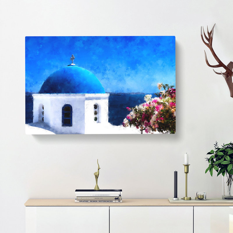 Santorini Blue Domed Church Painting - Wrapped Canvas Print, 50cm H x 76cm W x 3cm D