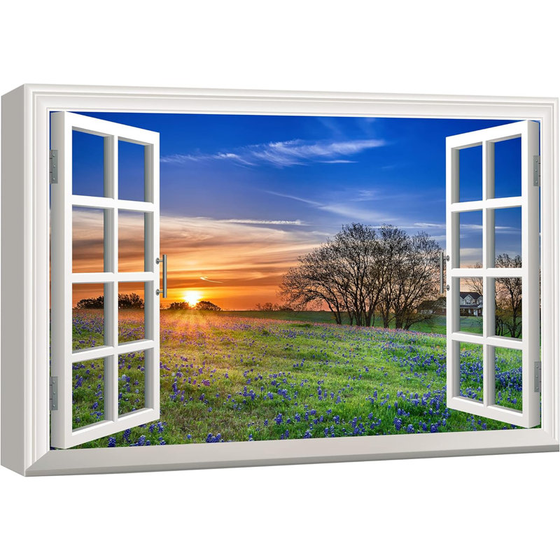Fenêtre, paysage, lever de soleil, fleurs sauvages bleues dans un champ de printemps, scène naturelle, grande impression sur toile