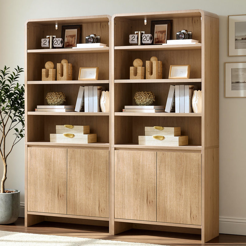 Bibliothèque 2 pièces H 71 po x l 32 po à 2 niveaux avec 2 portes, tablettes réglables et bords arrondis, grain de bois naturel