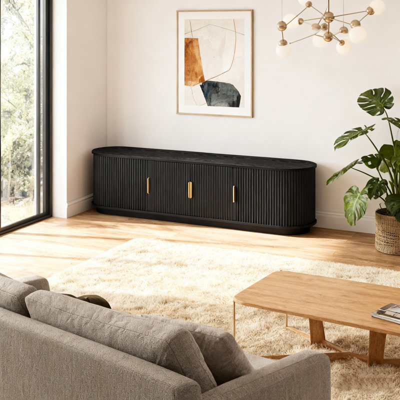 Fluted Media Console Table With Adjustable Storage, Black