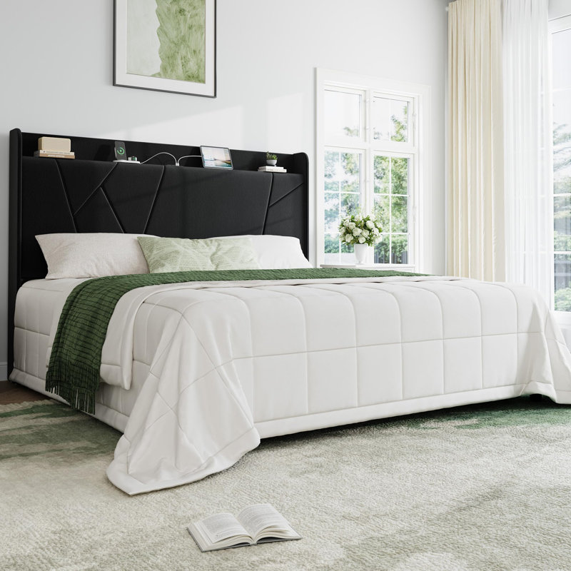 King Size Bed Frame with Storage Shelf and Charging Station