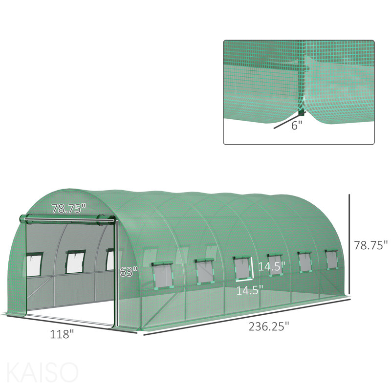 Remplacement de la housse de serre en plastique 19,7 pi x 9,8 pi x 6,6 po, bâche imperméable robuste pour Hoop House, bâche avec 12 fenêtres, porte et grille de renfort, vert