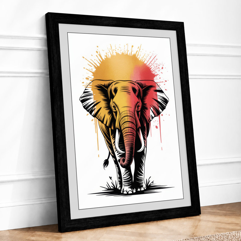 Elephant at Sunrise Modern - Framed Print, A4 - 29.7 x 21.0 cm, Black