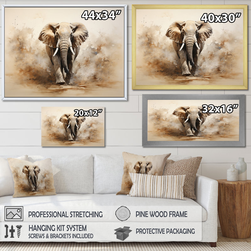 Minimalisme éléphant grâce I - reproduction sur toile, H 24 po x l 32 po x P 1 po, Cadre simple argenté