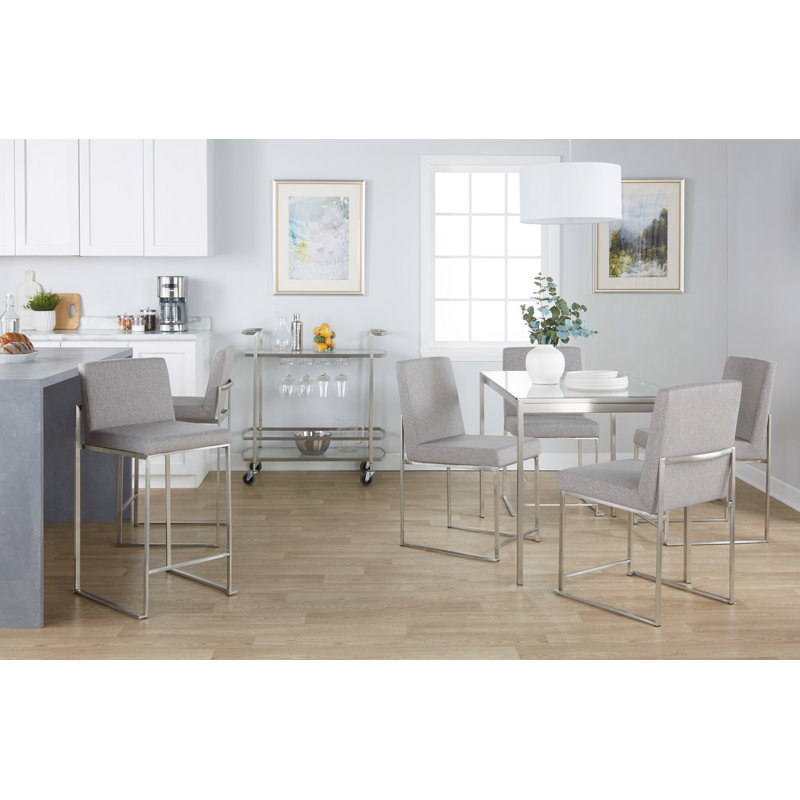 Brieon High Back Upholstered Bar & Counter Stool (Set of 3), Counter Stool (26" Seat Height), Gray Fabric/Stainless Steel