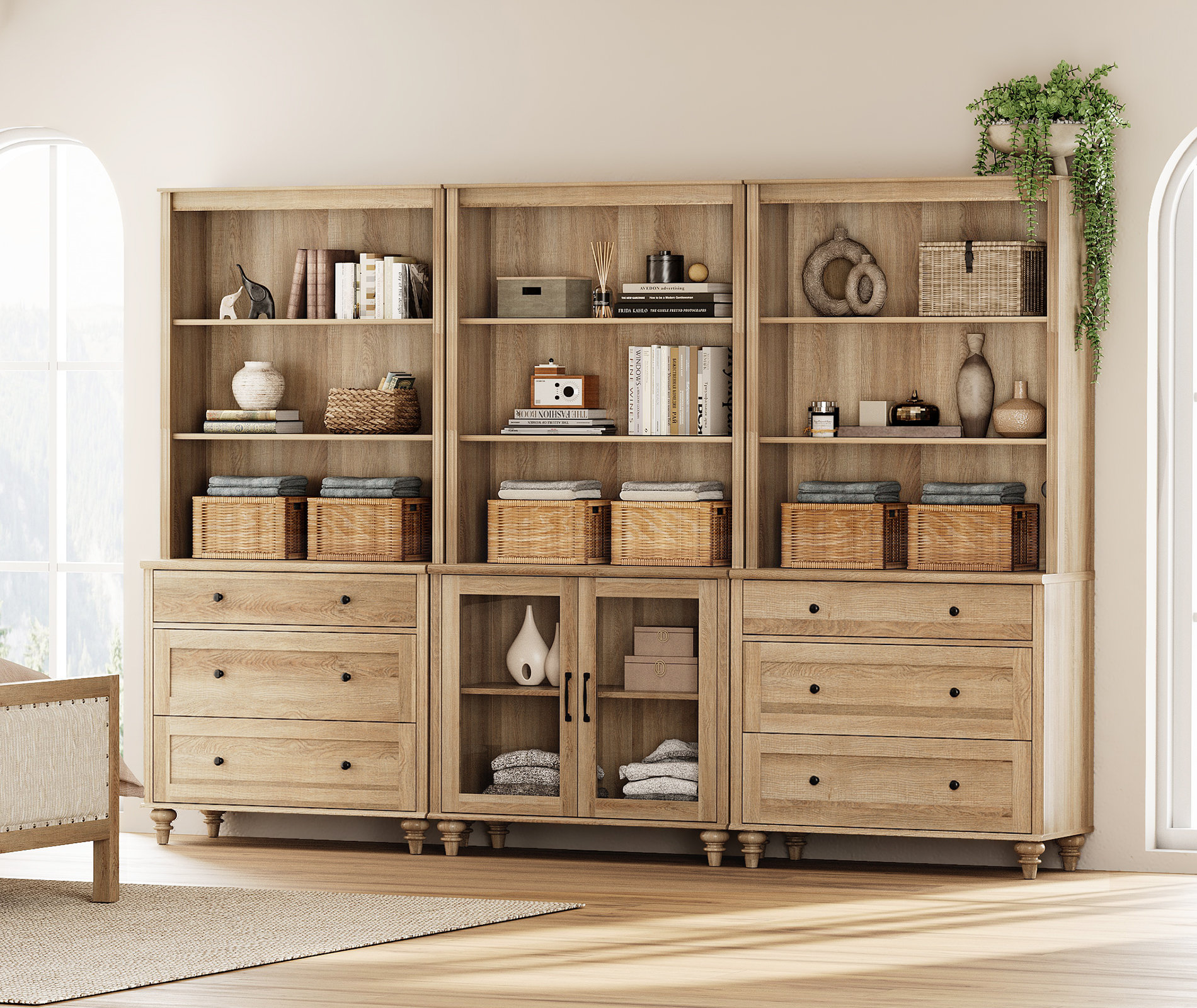 Darby Home Co Bookcase With Drawers And Glass Doors, Tall Book Case ...