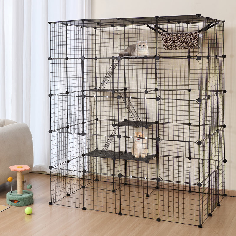 Grande cage à chat à 4 niveaux, 137 x 104 x 175 cm, avec 5 portes avant, hamac, rampe d'accès et échelles. Enclos en métal amovible pour chat. Parfait pour l'intérieur et l'extérieur, pour les chats et les petits animaux. Couleur : noir.