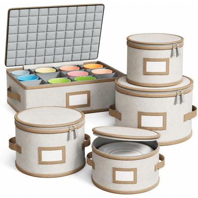 Hard Shell China Storage Containers – 5 Piece Set for Storing Dinner Plates, Salad Plates, Mugs, Quilted Dividers for Safe Moving and Seasonal Storage, Beige