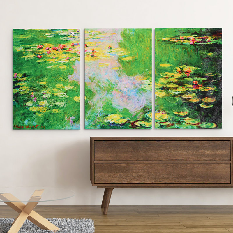 "water lilly" par claude monet, ensemble de 3 reproductions d’art sur toiles tendues