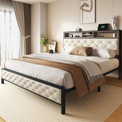 Queen Size Bed Frame With Charging Station And Upholstered Headboard For Storage, Metal Slats Support, No Box Spring, Beige, Elegant Design, Soft Under - Storage Built In Headboard, , Industrial