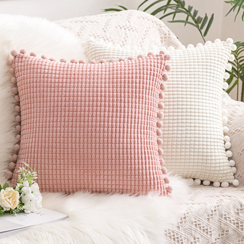  Housse de coussin rectangulaire en mélange de coton, Polyester/ Bourre en polyester, Blanc