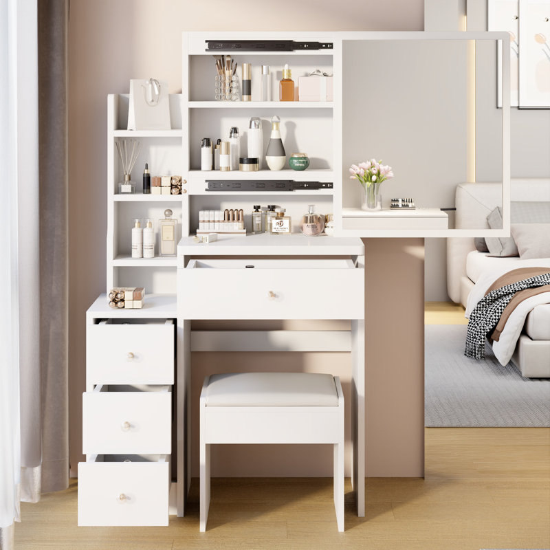Très grande coiffeuse à miroir coulissant à droite avec tabouret pour petits espaces - matériau 29,2 po et zone blanche coussinée