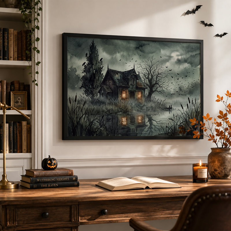 «Haunted House Reflection in Moonlit Swamp», art mural sur toile, H 16 po x l 24 po