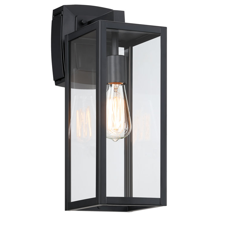 Applique murale lanterne murale d'extérieur noir mat avec prise GFCI, H 16,7 po x l 5,89 po x P 8,95 po