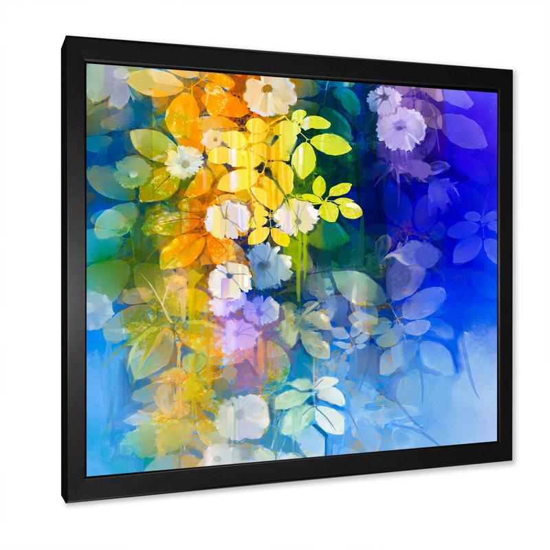 «Yellow and Blue Abstract Flowers», peinture sur toile traditionnelle, H 30 po x l 30 po x P 1 po, Cadre photo noir