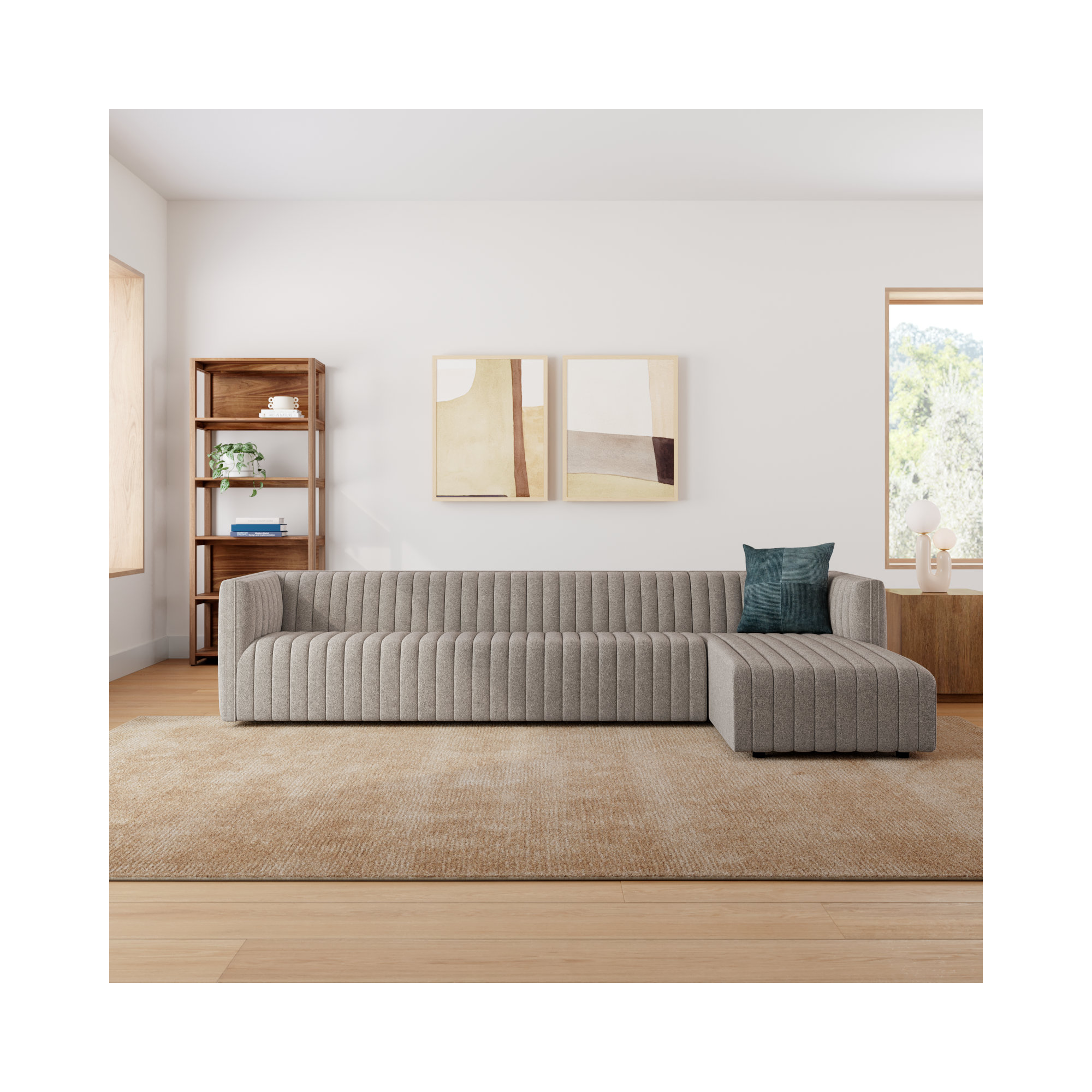 Brandt Upholstered Chaise L-Sectional, Orly Natural Velvet, 26" H X 126" W X 64" D, Right Hand Facing