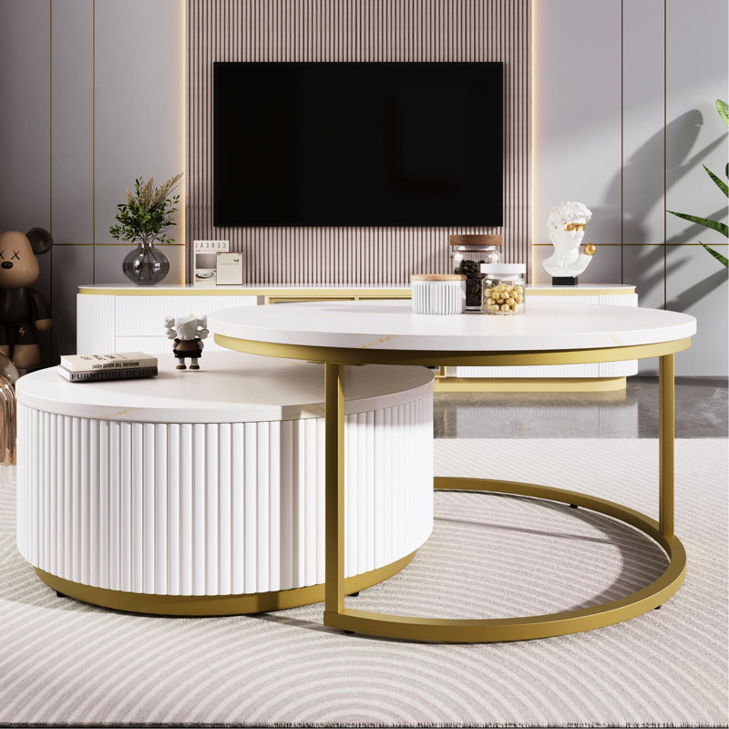 Table basse gigogne cannelée blanche et dorée avec rangement pratique et design moderne, Blanc