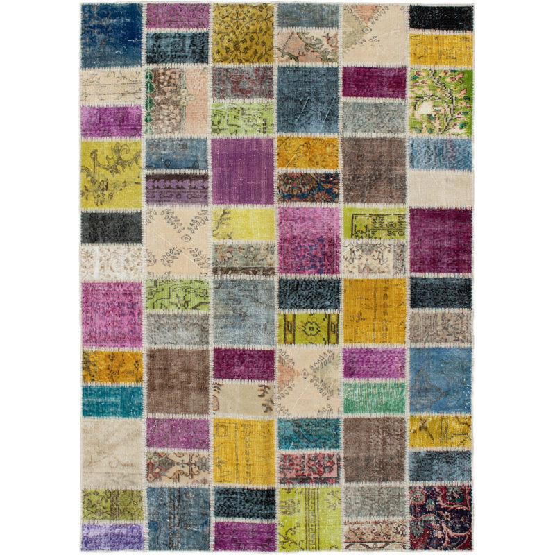 Tapis unique en laine noué à la main style patchwork des années 2010 de 5 pi 7 po x 7 pi 6 po vert / noir / ivoire Arasely